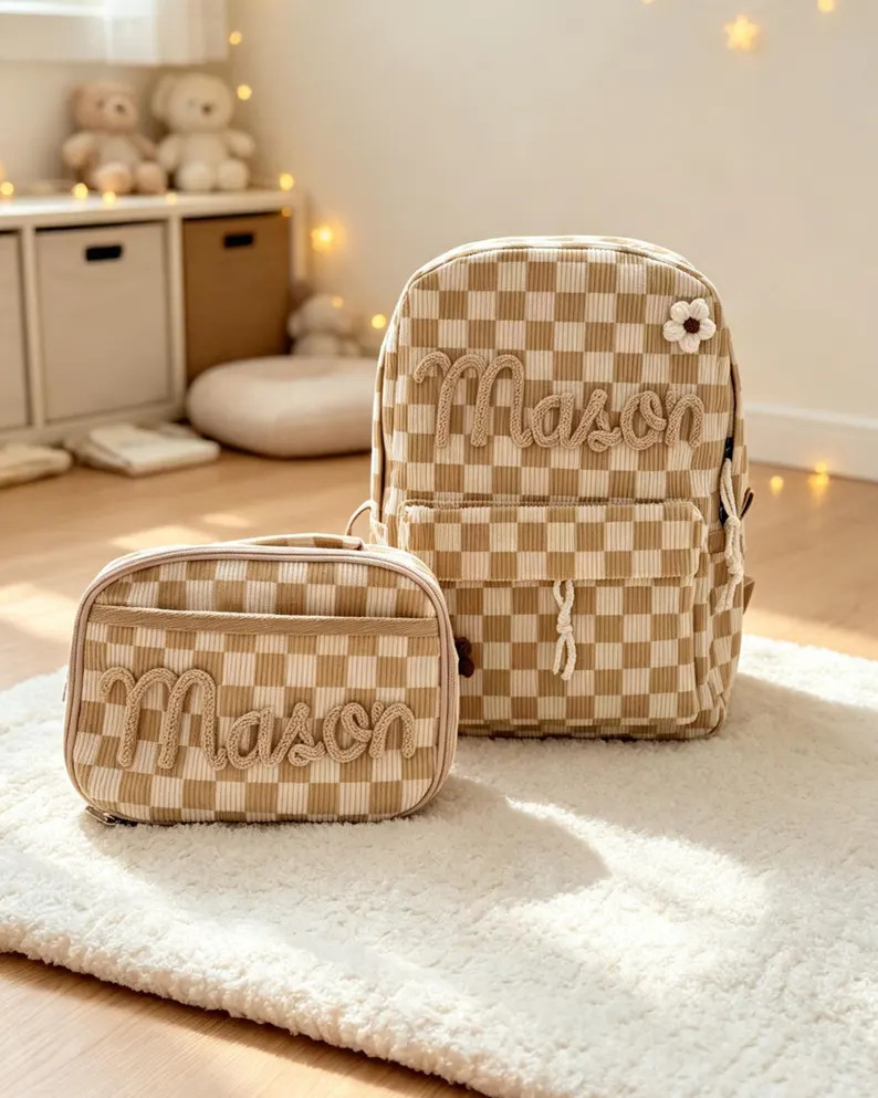 Personalized Toddler Backpack & Lunch Bag Set, Custom Name Checkered Corduroy Kids Backpack, Boho... | Etsy (Global)