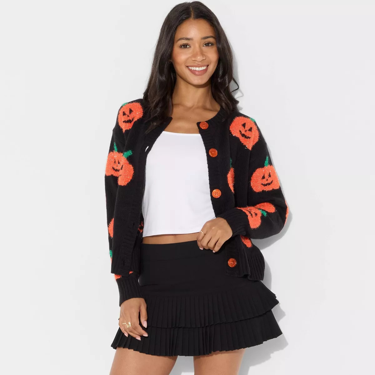 Women's Pumpkin Graphic Cardigan - Black M | Target