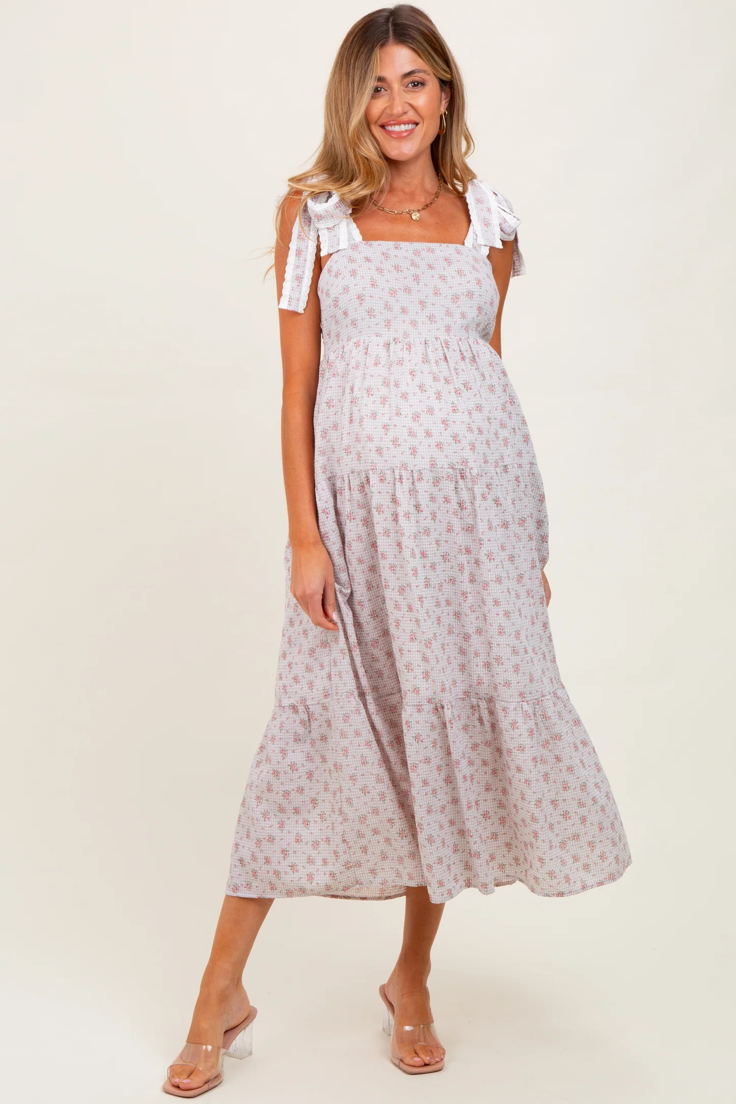 Light Taupe Floral Gingham Shoulder Tie Maternity Midi Dress | PinkBlush Maternity