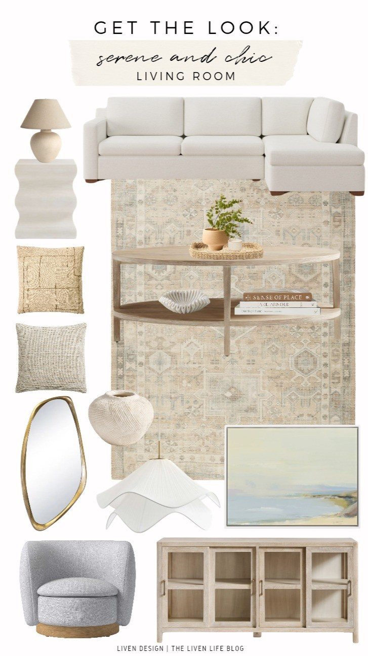 Serene chic living room. Home decor. Abstract art. Nightstand. Side table. Area rug. Brass tray. Throw pillows. Gold mirror. Neutral lamp

#LTKSpringSale #LTKSeasonal #LTKHome