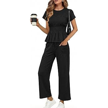 Cicy Bell Womens 2 Piece Outfits Smocked Short Sleeve Tops Wide Leg Elastic Waist Pants Casual Bo... | Amazon (US)