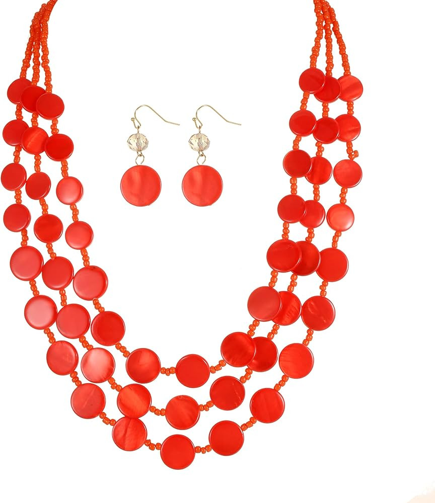 Multi layered Chunky Beaded Necklaces for Women Boho Colorful Shell Strand Statement Necklaces With Earrings Set Fashion Costume Jewelry Gifts | Amazon (US)