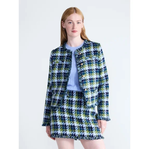 Free Assembly Women's Cropped Tweed Jacket with Fringe Trim, Sizes XS-XXL | Walmart (US)