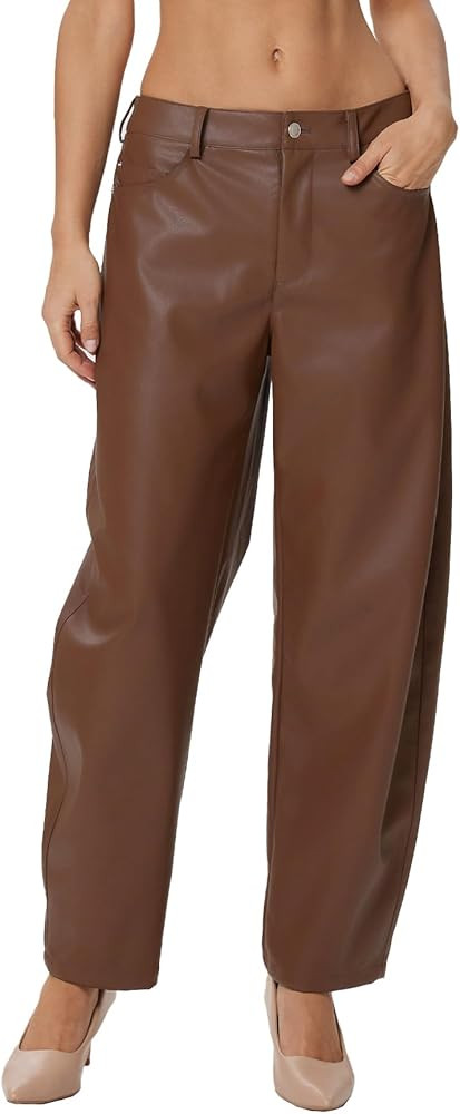 SCOFEEL Faux Leather Barrel Pants for Women Coated PU Button Relax Fit Stretch Baggy Trousers Wid... | Amazon (US)