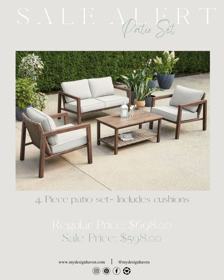 Transform your patio into a cozy retreat with this beautiful  farmhouse-style four-piece set: a loveseat, two armchairs, and a coffee table - all complete with cushions for comfort. Embrace outdoor living with this charming ensemble, now on sale! 

#LTKsalealert #LTKhome #LTKSeasonal