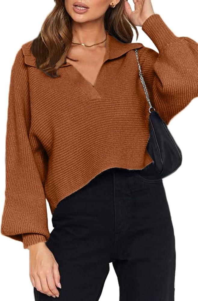 CHYRII Women Overized Puff Long Sleeve V Neck Knitted Polo Pullover Sweater Jumper Tops | Amazon (US)