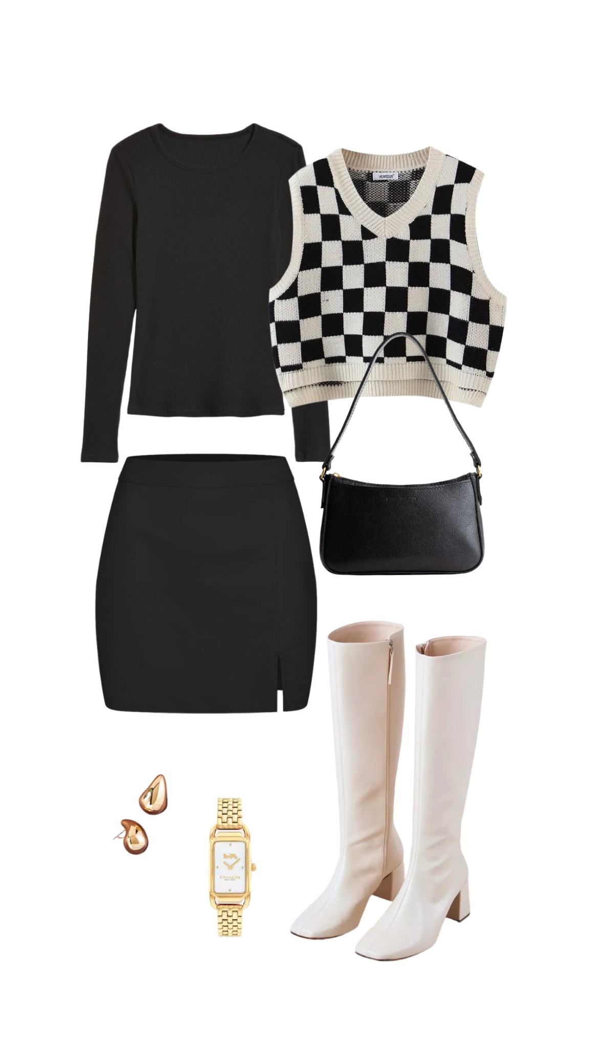 Fall transition outfit, fall outfit, neutral outfit, black long sleeve, checkered sweater vest, white knee high leather boots, black mini skirt, Gilmore girls fashion, Rory Gilmore outfit inspo, cafe outfit aesthetic, city outfit, fall weather outfit, black purse, date night outfit, gold jewelry, gold women’s watch, Parisian outfit, Kendall Jenner outfit, chic fall look

#LTKfindsunder100 #LTKGiftGuide #LTKfindsunder50