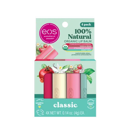 eos 100% Nautral & Organic Lip Balm- Strawberry, Mint, Pomegranate, Vanilla - 4-pack, 0.14 oz | Walmart (US)