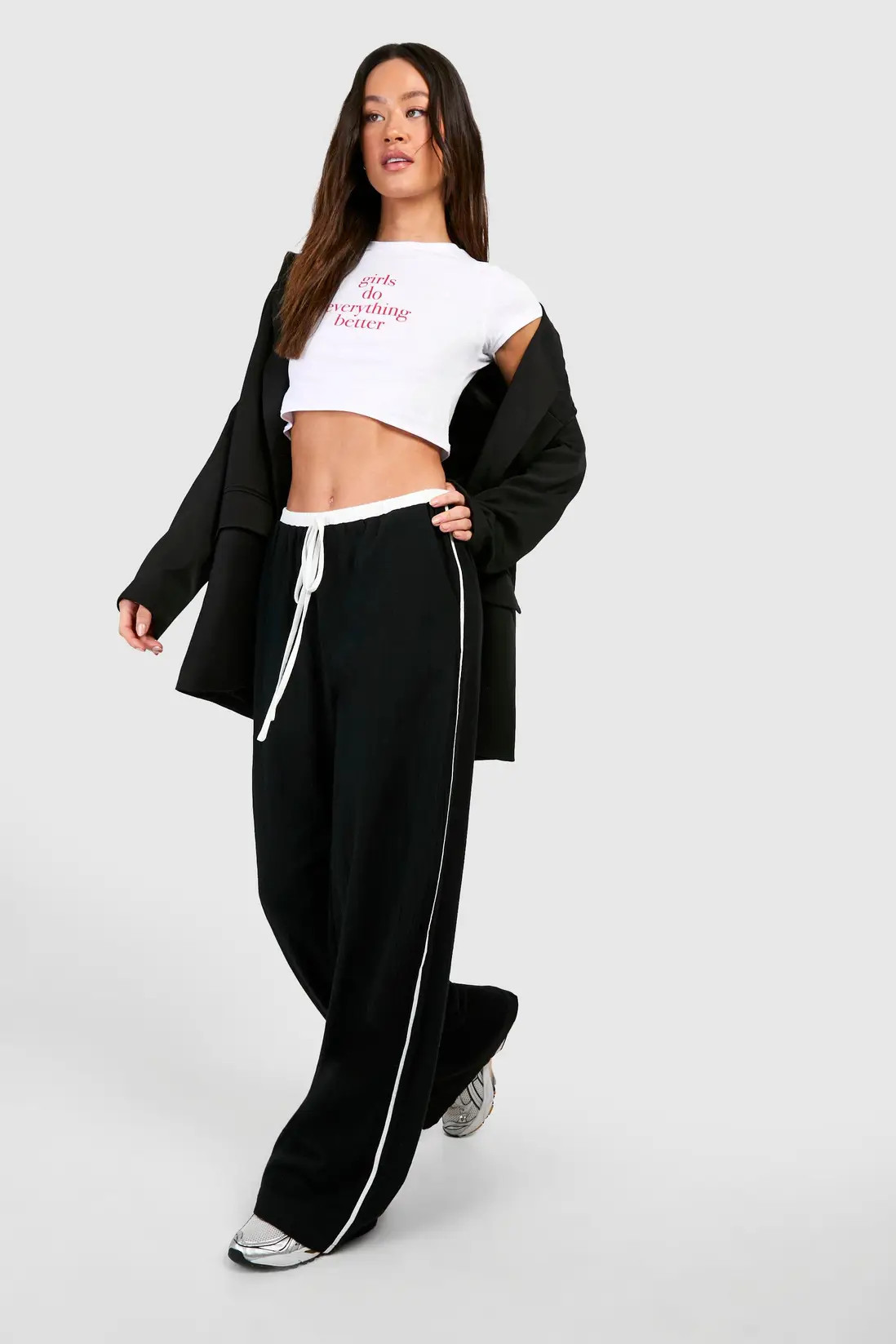 Tall Linen Look Contrast Piping Wide Leg Trousers | boohoo (US & Canada)