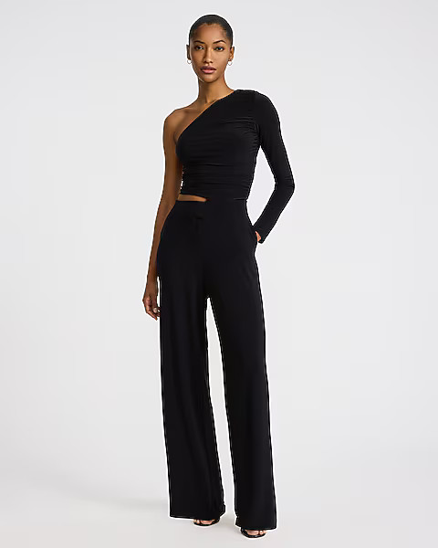 One Shoulder Ruched Cutout Wide Leg Jumpsuit with Pockets | Express