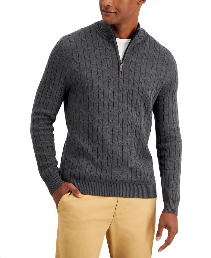 Men's Cable Knit Quarter-Zip Cotton Sweater, Created for Macy's | Macys (US)