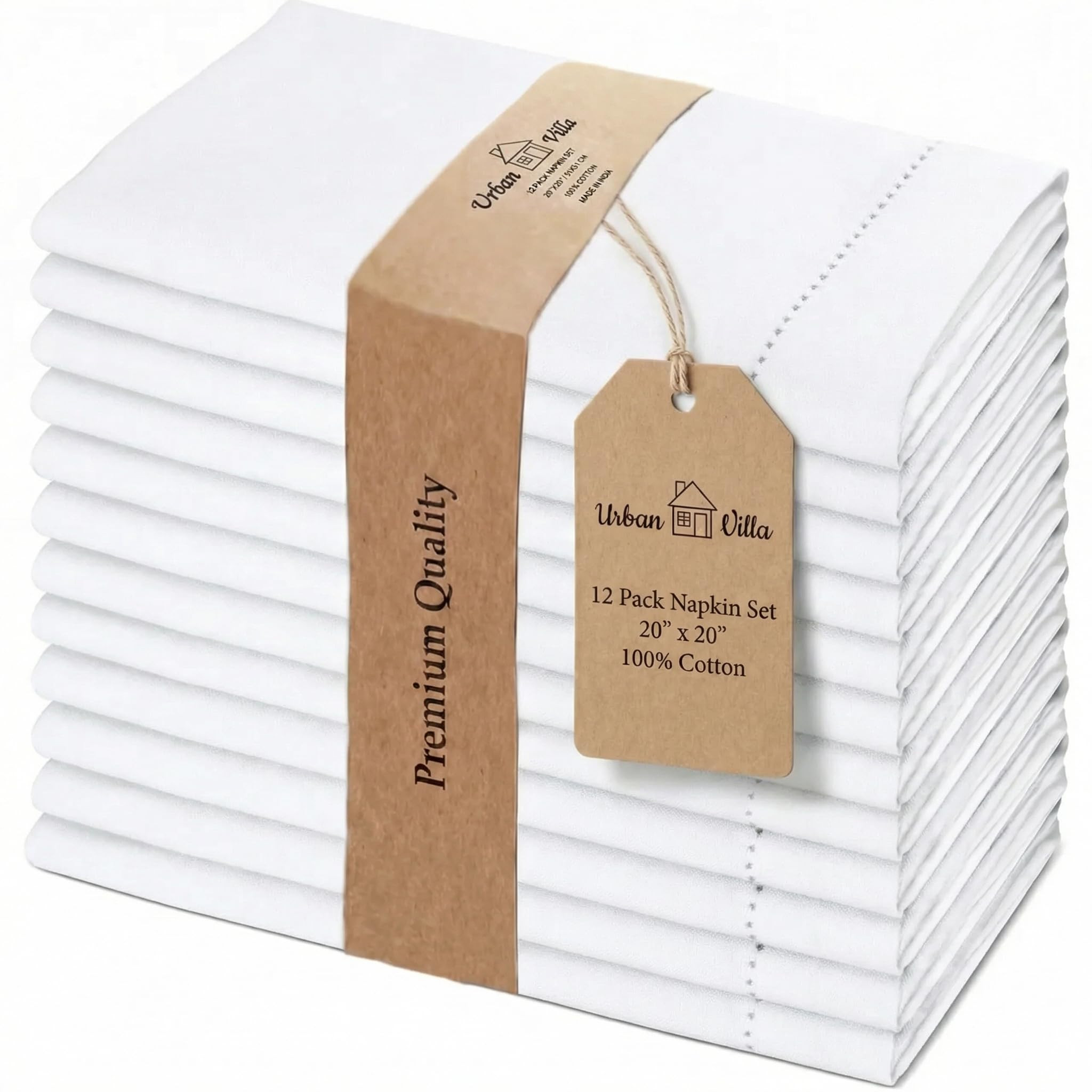 Urban Villa Cloth Napkins 100% Cotton Highly Absorbent Washable Reusable Premium Dinner Napkins Ideal for Gifts for Mothers Day Hotel Farmhouse Parties - White - Hemstitch (20" x 20", Set of 12) | Amazon (US)