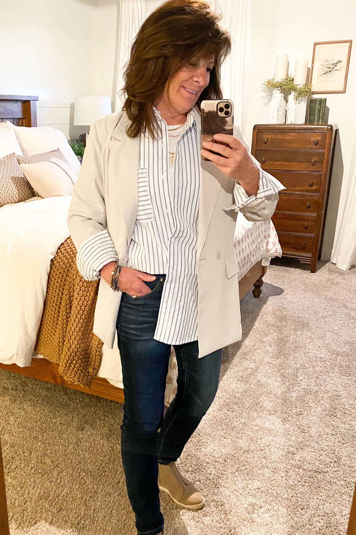 Casual office wear, blazer, striped blouse, dark denim jeans, skinny jeans 

#LTKunder100 #LTKworkwear #LTKstyletip