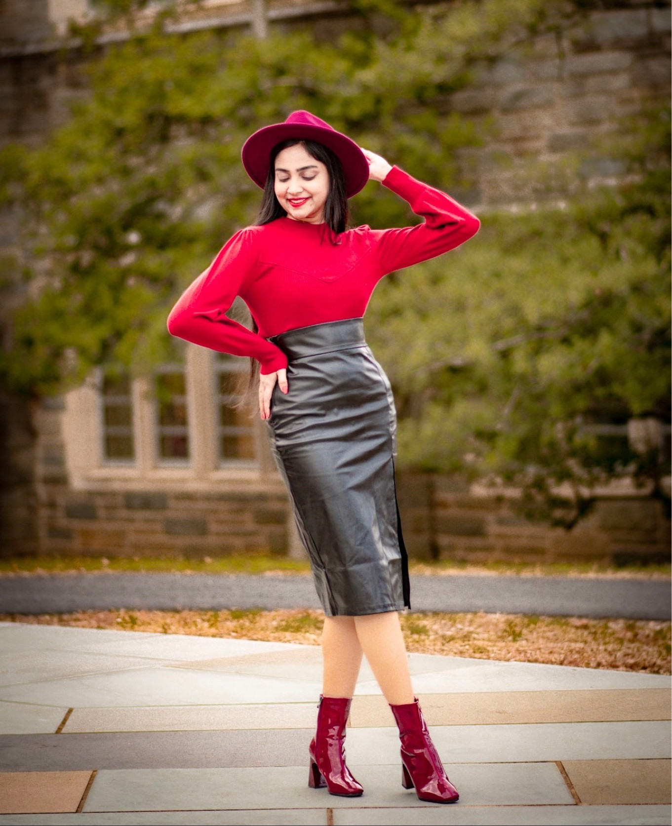 Red sweater, black skirt, leather skirt, high slit skirt, burgundy boots, fedora, winter fashion, winter outfit, ootd, outfit inspo, outfit inspiration, outfit of the day

#LTKunder50 #LTKSeasonal #LTKstyletip