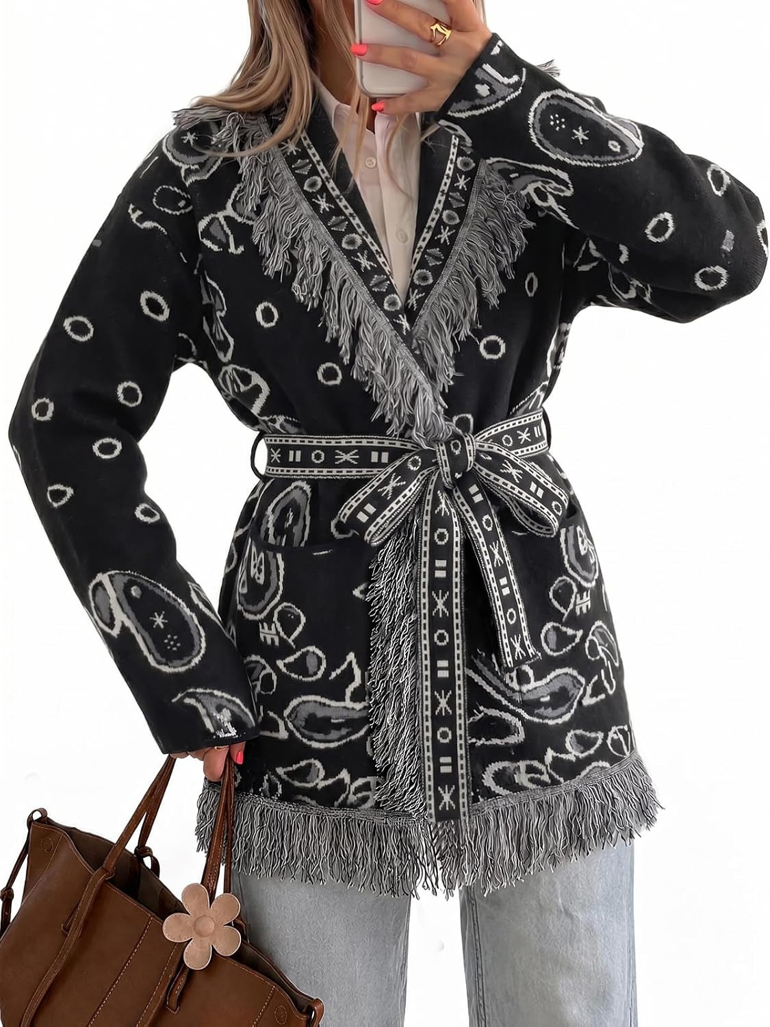 Tankaneo Womens Fringe Cardigan Long Sleeve Paisley Sweaters with Belt | Amazon (US)