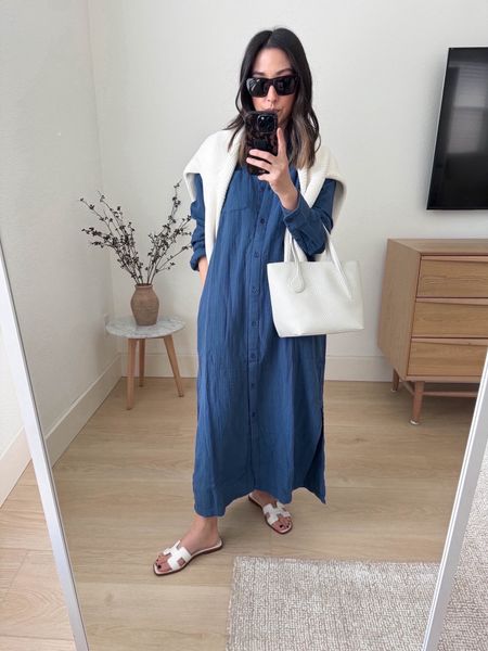 Caslon gauze shirt dress. Great maxi length on petites. Just very comfy! Love the pockets. 

Caslon dress xs
Hermes sandals 35
Little Liffner tote (old)
J.Crew cardigan xs 

Dress, spring outfits, spring style, sandals, vacation outfit 

#LTKItBag #LTKSeasonal #LTKShoeCrush