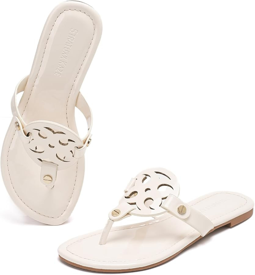 Stratuxx Kaze Women's Dressy Patent Leather Thong Sandals with Memory Foam,Comfy Beach Slides Sli... | Amazon (US)