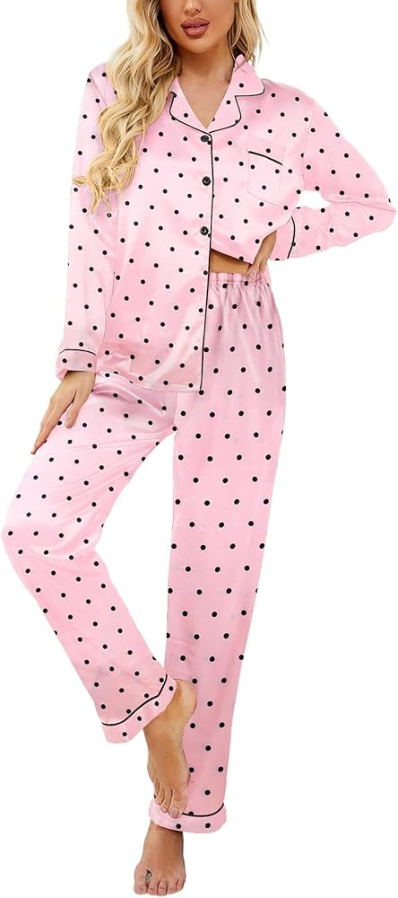 Ekouaer Women's Classic Button Down Long Satin Silk Pajama Set | Amazon (US)