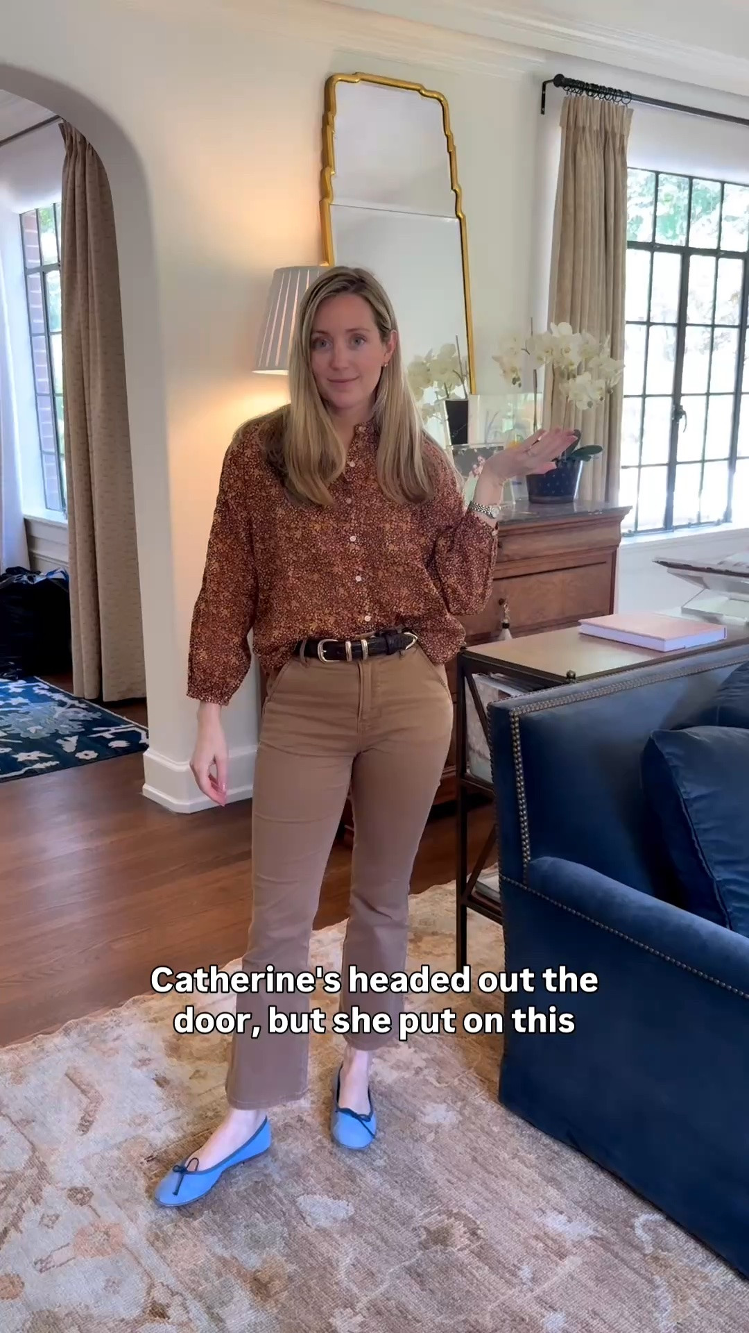 A cute little fall look that’s perfect for this in-between weather. Kathryn is wearing an XS in the Trovata blouse—we love a lightweight, transitional blouse this time of year.

We styled it with a Veronica Beard kick-flare pant from last year, but I linked a couple of newer styles below with the same great feel. We love this pant and find Veronica Beard runs true to size.

Add a few fun accessories—a Tuckernuck croc leather belt and a denim ballet flat—and you’re ready to take on a fall day! 

 #LTKootd #LTKSeasonal #LTKWorkwear