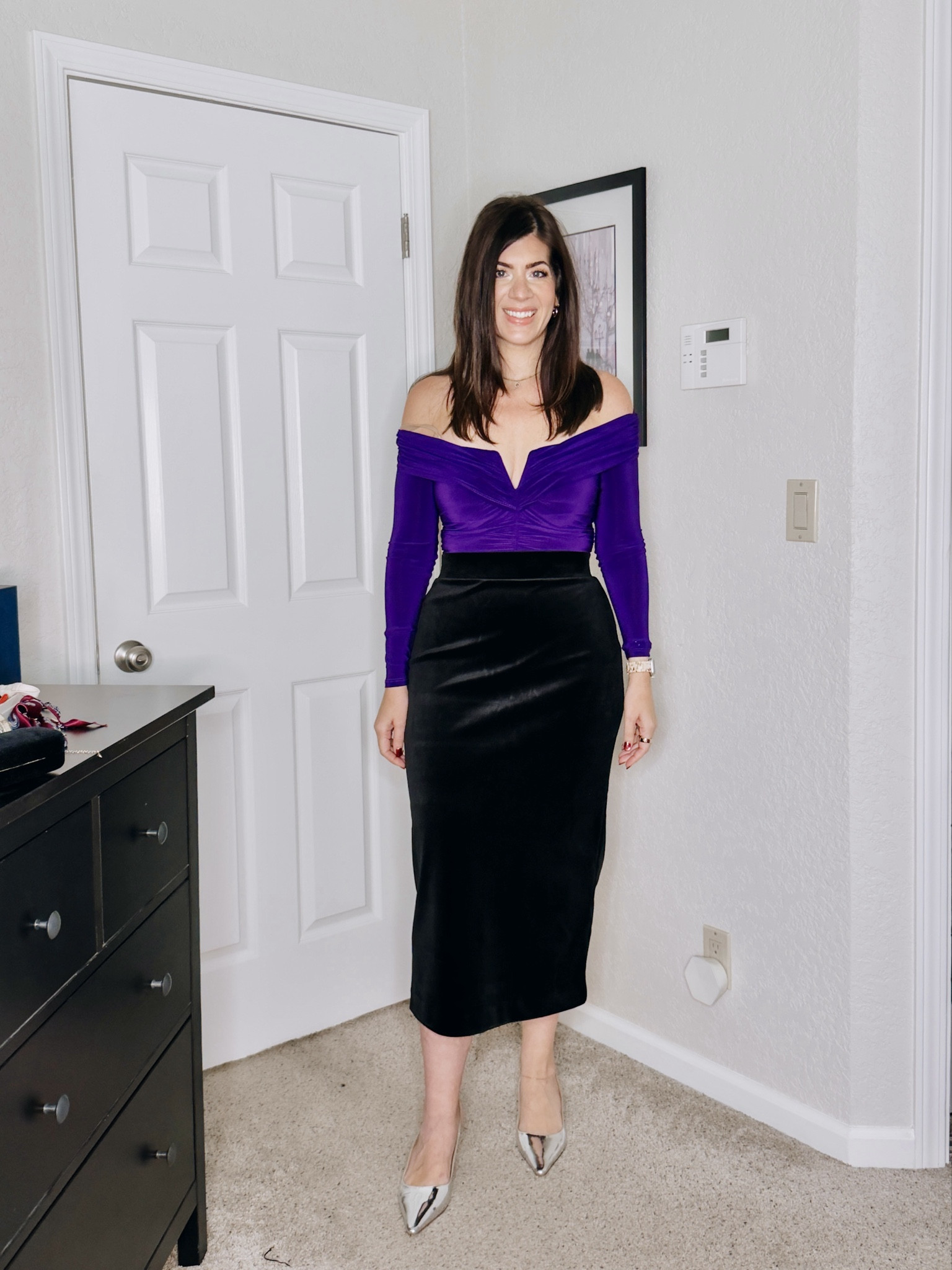 Express try on
Medium off the shoulder top
Medium velvet midi skirt 

#LTKMidsize #LTKHoliday #LTKSaleAlert