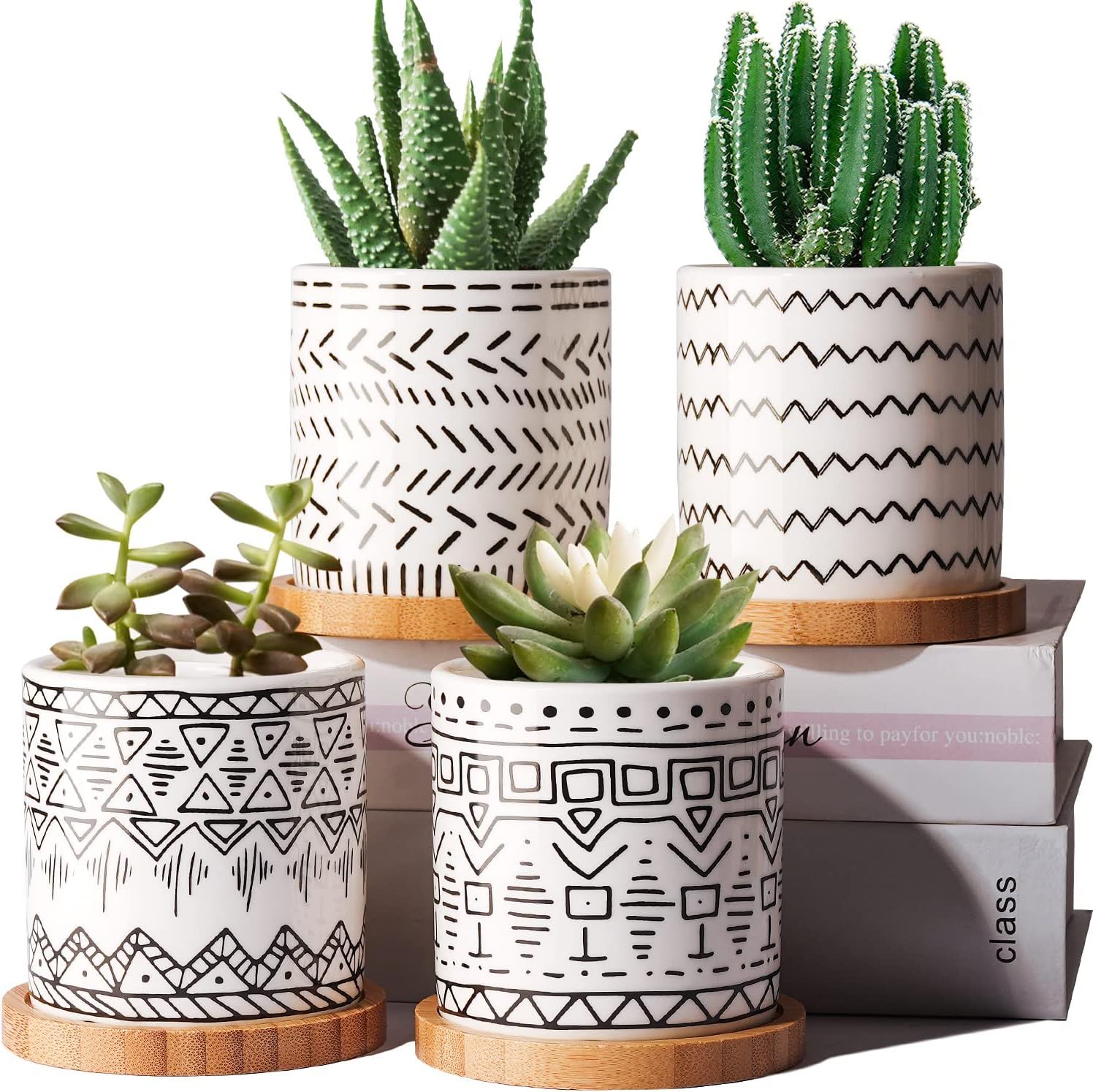 Succulent Pots, 4 Pack Ceramic Planters for Indoor Plants, 3.5 Inch Boho Original Design Flower P... | Amazon (US)