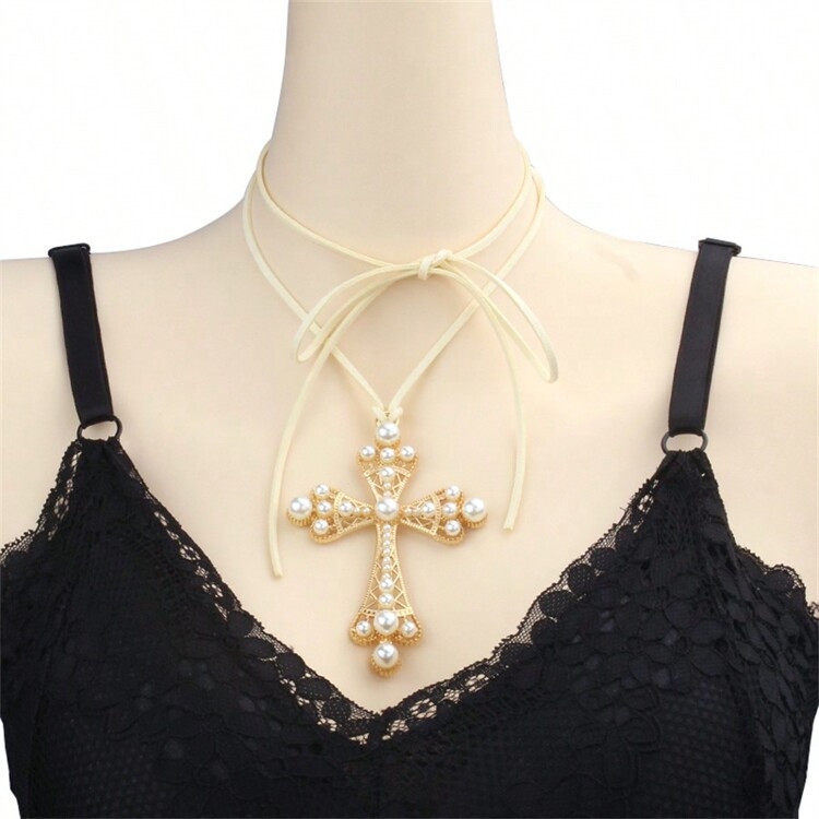 1pc European And American Style Exaggerated Cross & Rhinestone Decor Choker Necklace With Pull Co... | SHEIN