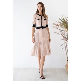 Short-Sleeve Belted Contrast Color Pleated Knit Dress | Chicwish