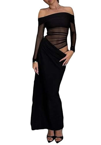 Unybwonn Women's Off The Shoulder Maxi Dress Hollow Out Cutout Elegant Mesh Dresses Bodycon Party Clubwear Long Dress Black | Amazon (US)