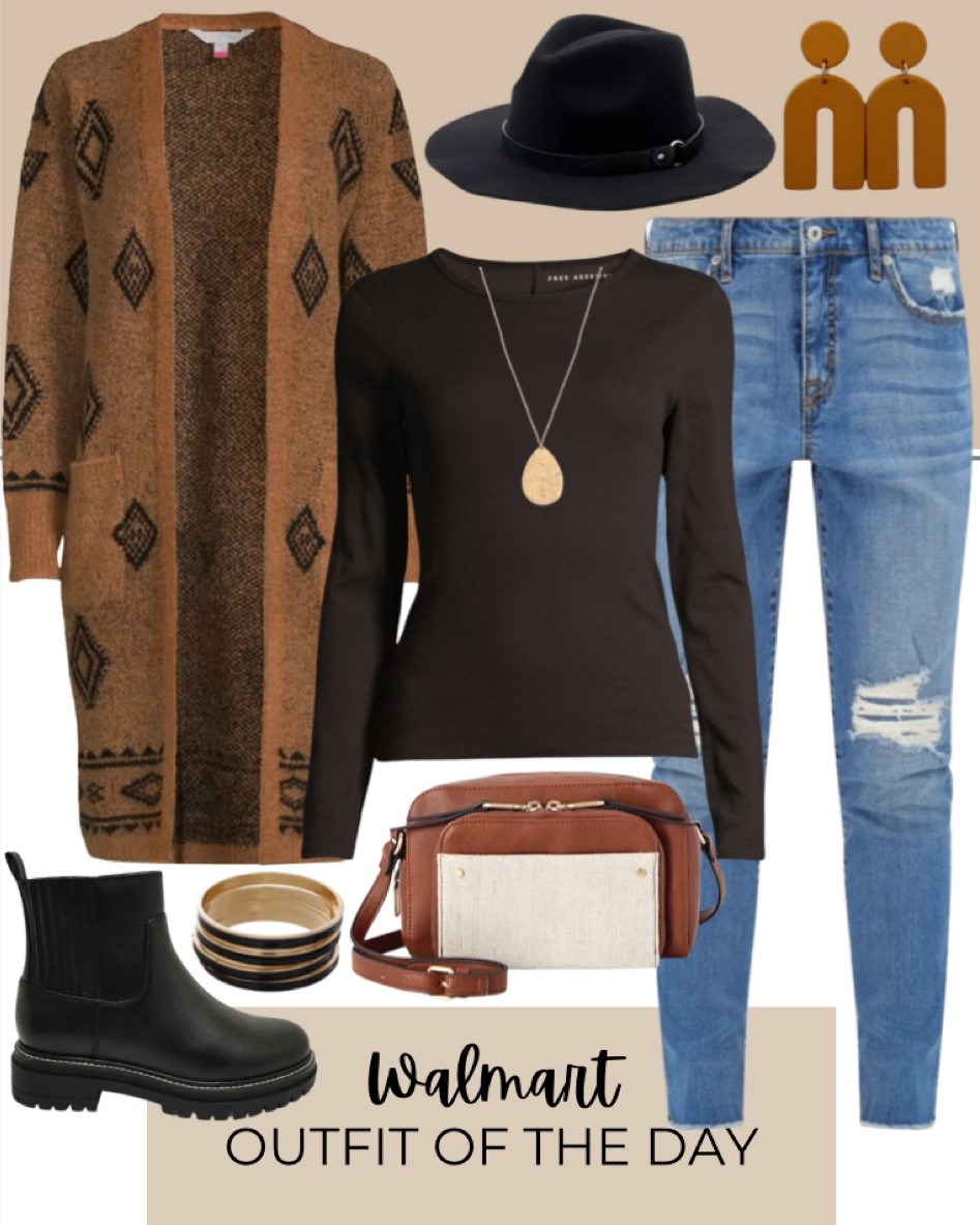 Walmart fall outfit inspiration includes long sleeve black tee, diamond pattern cardigan, distressed jeans, black hat, arch earrings, black lug boots, black lug boots, and cross body bag.

Fall fit, fall outfit inspo, outfit inspiration, Walmart fashion, Walmart finds

#LTKfit #LTKunder100 #LTKstyletip