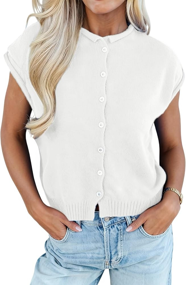 Womens Rolled Cap Sleeve Knit Top Button Up Summer Lightweight Sweater Cardigan | Amazon (US)