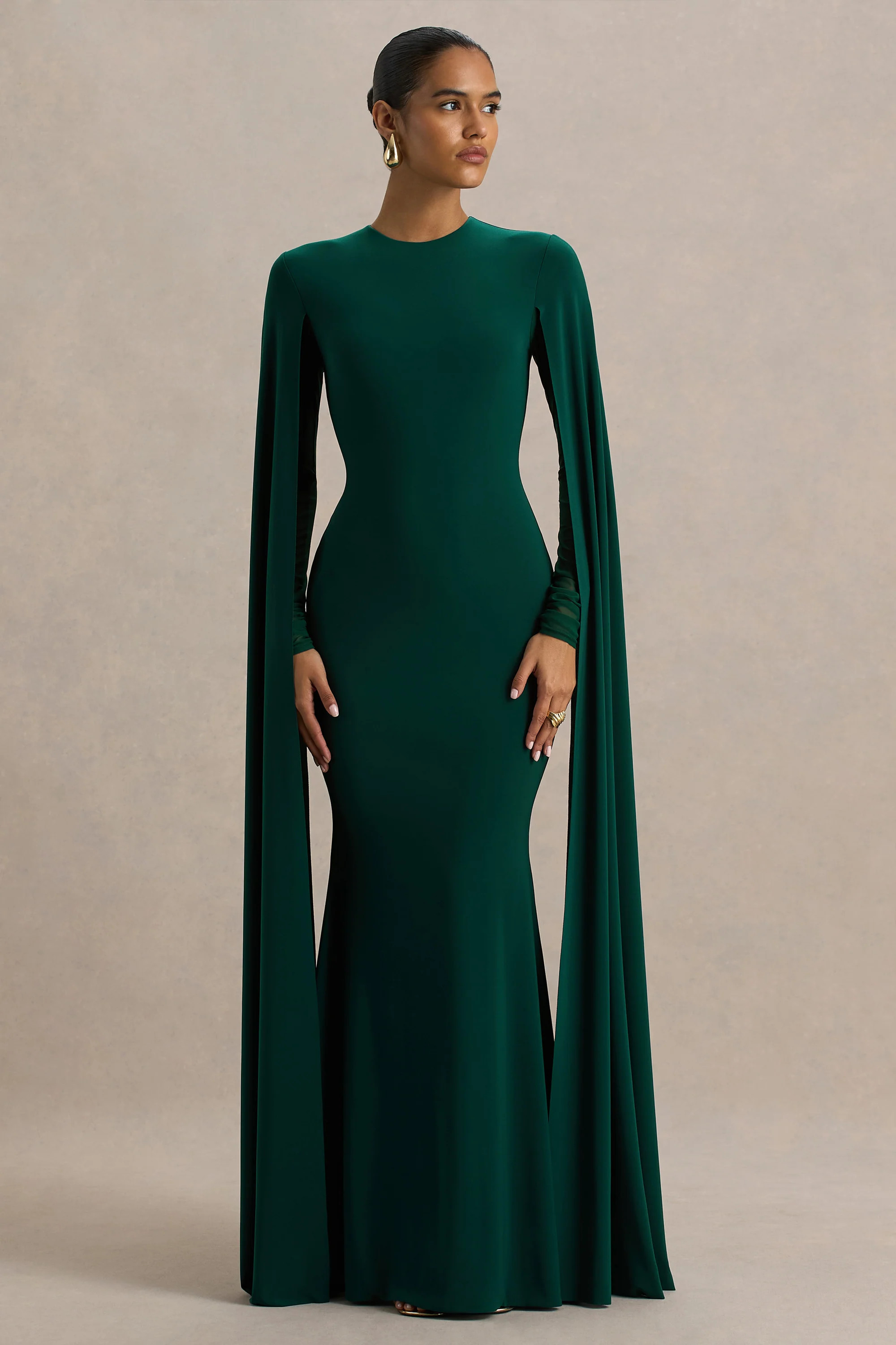 Isla | Bottle Green Crew-Neck Maxi Dress With Cape Sleeve | Club L London