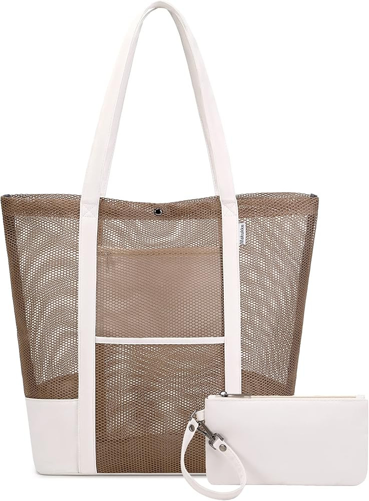 Makukke Mesh Beach Tote Bag Women - Large Handbag Sandproof Bag with Small Purse Pool Bag - Essen... | Amazon (US)