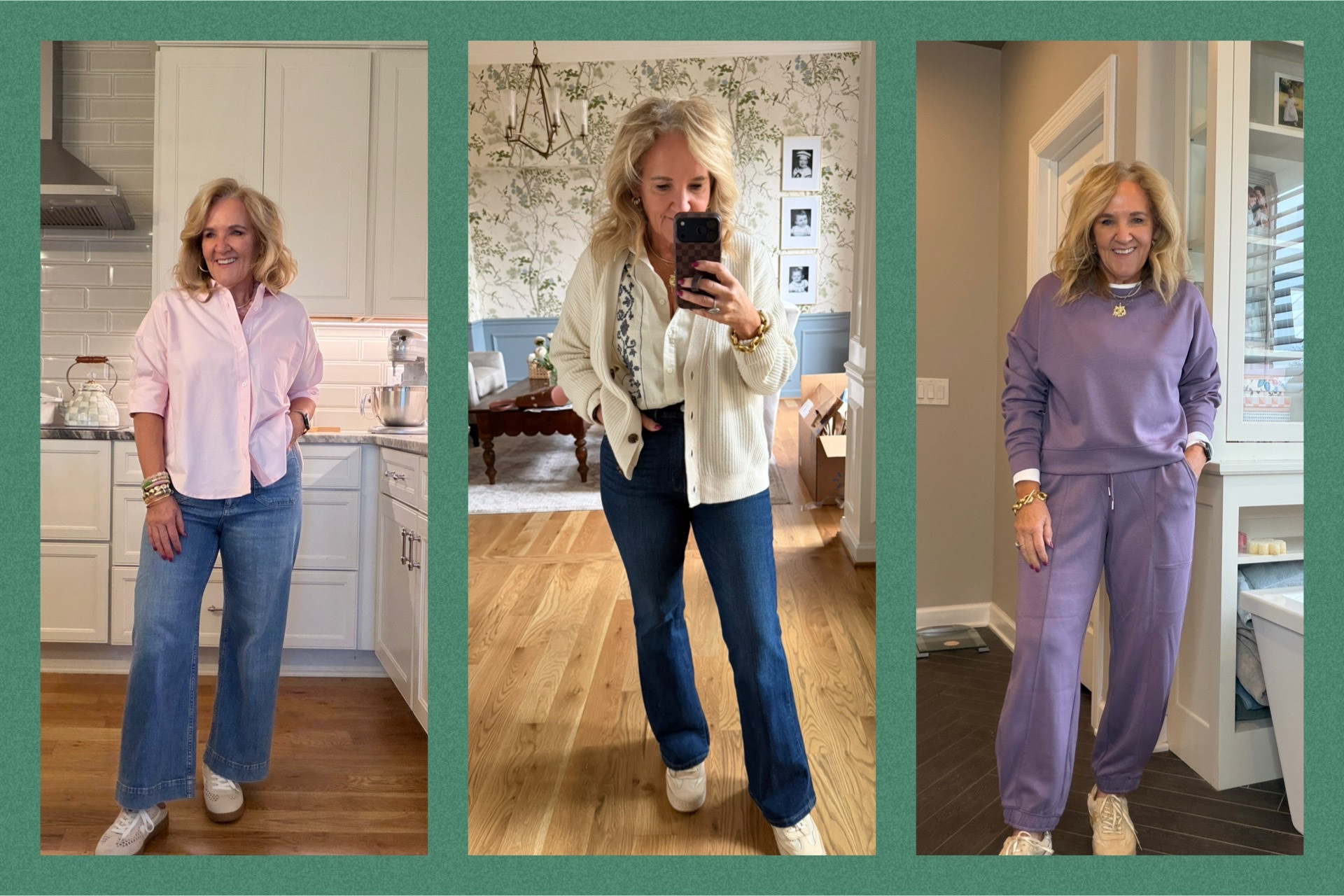 A few OOTD from this week 
True to size unless noted below 
Pink Oxford size small 
Purple joggers size small 
Flare jeans 29 petite 
Allie Bess discount code NANETTE20

#LTKOver40 #LTKPetite #LTKootd