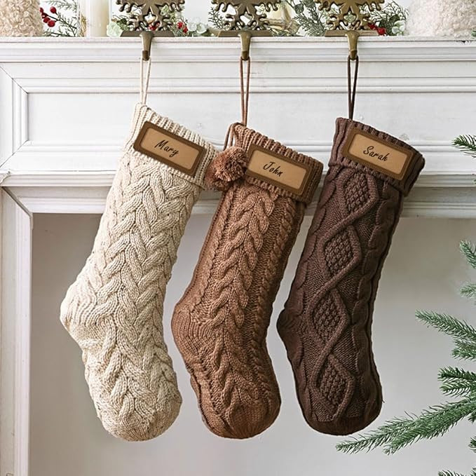 Farmhouse Knitted Christmas Stockings: 3 Pack 18 Inch Neutral Cable Knit Fireplace Stockings, Coz... | Amazon (US)