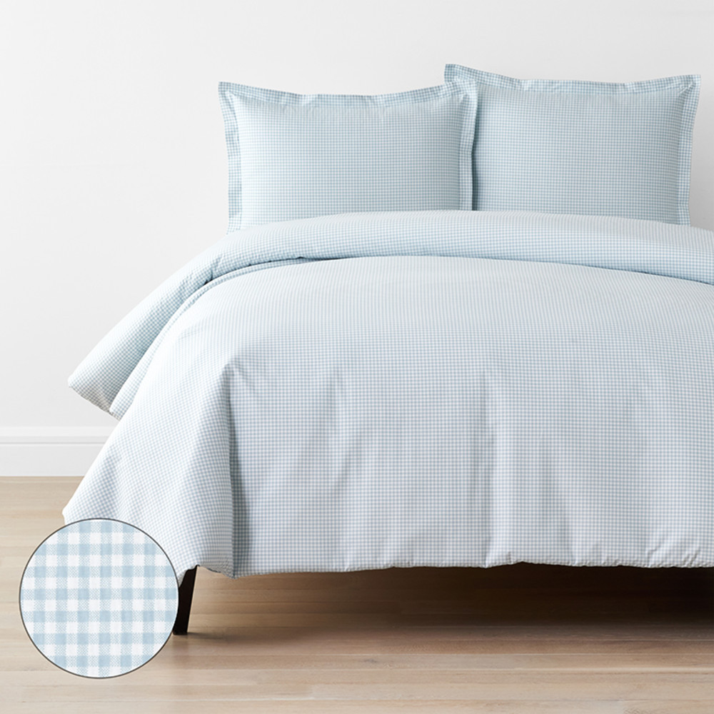 Ditsy Gingham Classic Cool Organic Cotton Percale Duvet Cover Set - Blue, Full | The Company Store