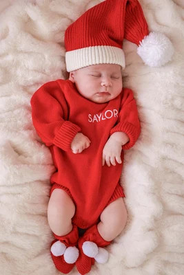 Embroidered Knit Sweater Bubble Romper | Red | Caden Lane