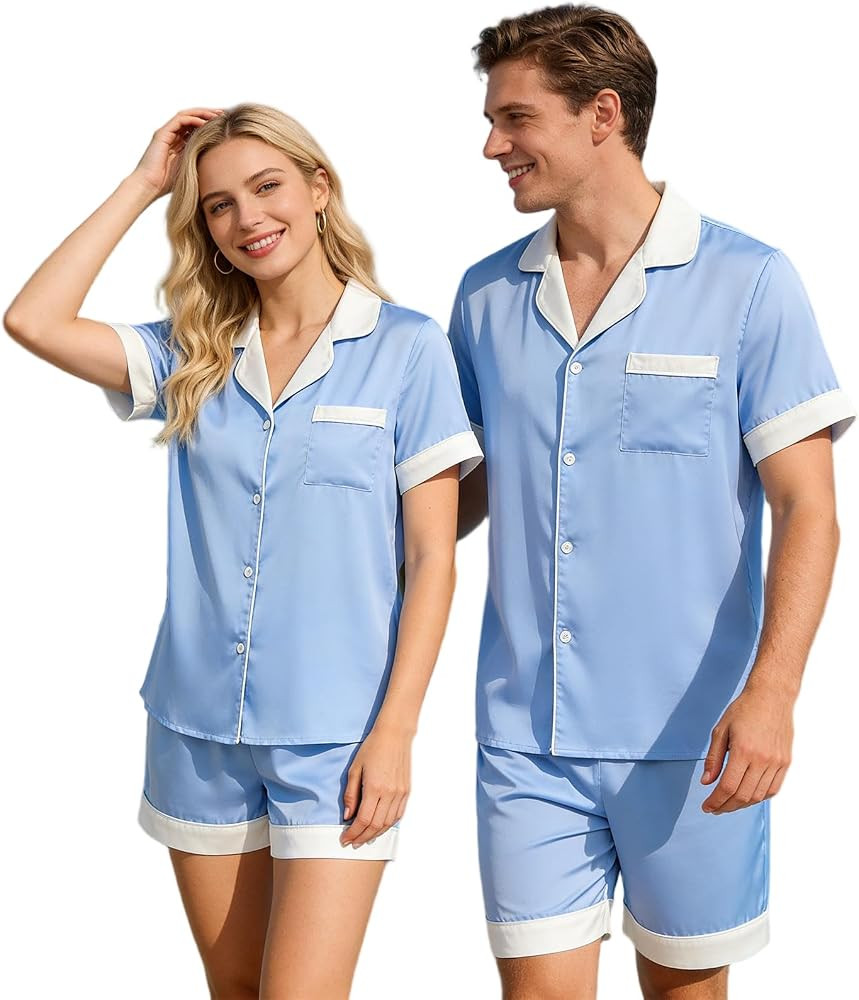 Matching Satin Pajamas for Couples-Women&Men Short Sleeve Button Down 2 Piece Silk Pjs Sets|Pajam... | Amazon (US)