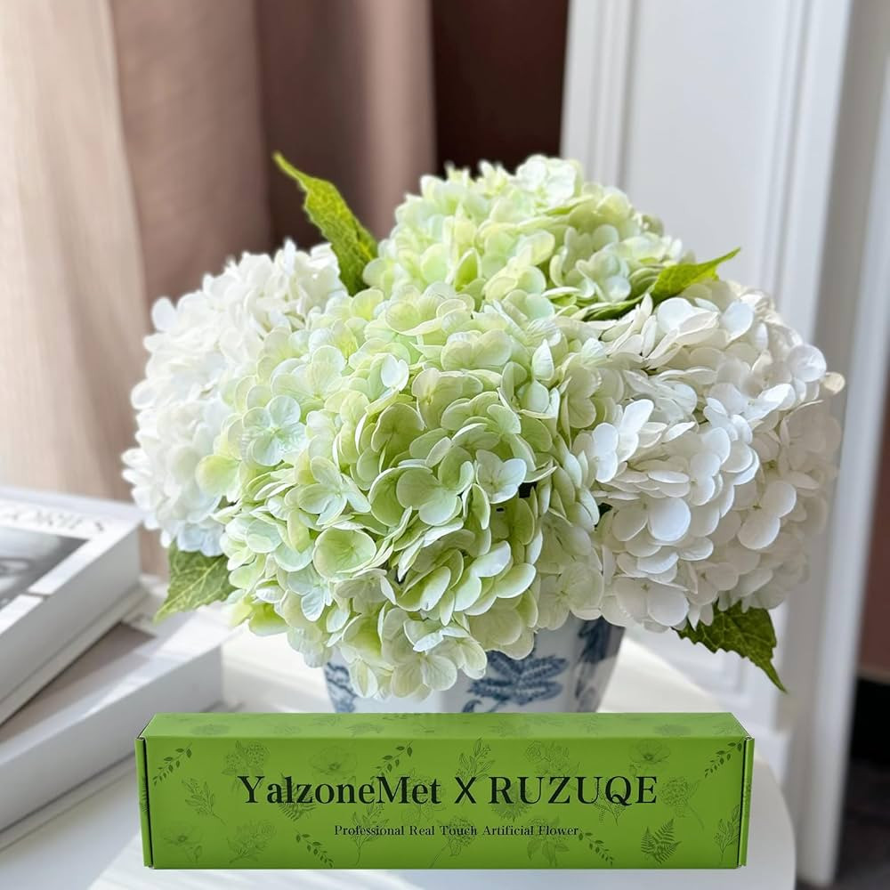 YalzoneMet Artificial Hydrangea Flowers 4 Pcs 2 White 2 Light Green 21 inch Long Rod Real Touch L... | Amazon (US)
