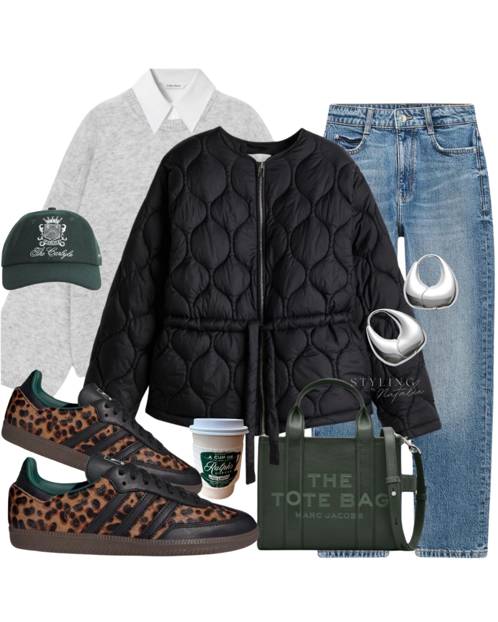 Everyday weekend outfit, peplum quilted jacket, straight leg jeans, grey alpaca wool jumper, white shirt, leopard print Adidas Samba trainers, Marc Jacobs tote bag & Sporty & Rich baseball cap. 
Green outfit, animal print, sneakers.


#LTKstyletip #LTKuk #LTKeurope