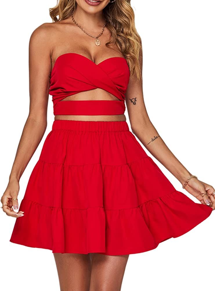 Umenlele Women's 2 Piece Outfit Ruched Twist Tube Top and Ruffle Layer Short Mini Skirt | Amazon (US)