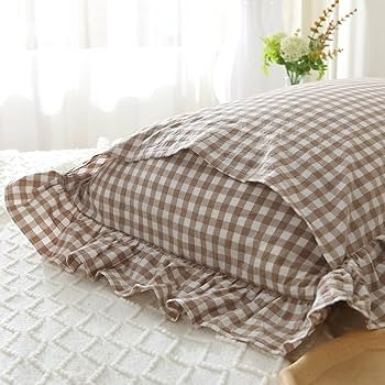 Taupe/White Plaid Ruffle Pillowcases Farmhouse Standard Size Pillow Shams 20"x26",Shabby Checkere... | Amazon (US)