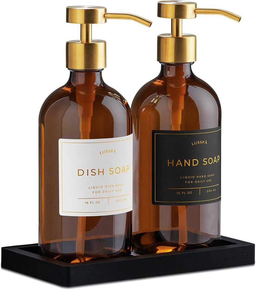 Glass Soap Dispenser Set of 2 (Amber) with Silicone Tray | Hand and Dish Soap Dispenser for Kitch... | Amazon (US)