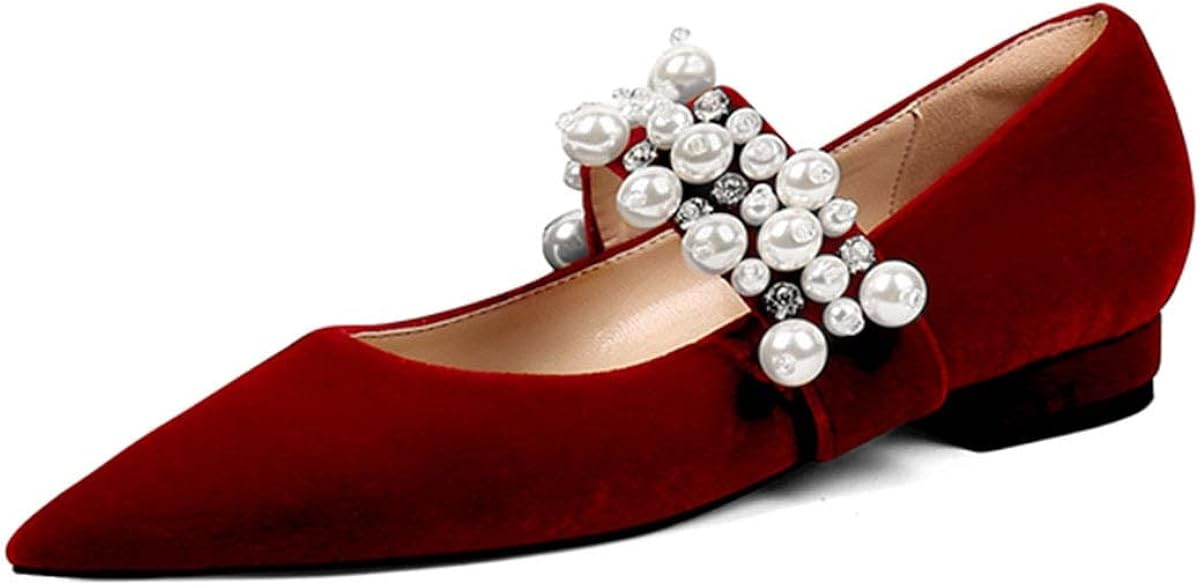 XYD Women's Pointed Toe Slip On Mary Jane Flats & Chunky Heels Pumps Single Strap with Pearl Stud... | Amazon (US)