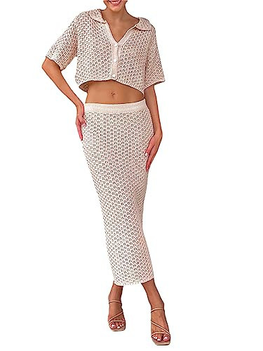 Women Two Piece Knitted Skirts Set Crochet Crop Top Tank Top Hollow Out Shirt High Waist Maxi Skirts Outfits Set (Beige-A, S) | Amazon (US)