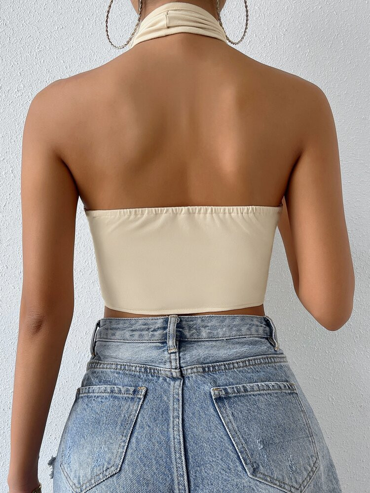 Cut Out Wrap Cross Hook And Eye Backless Halter Top | SHEIN