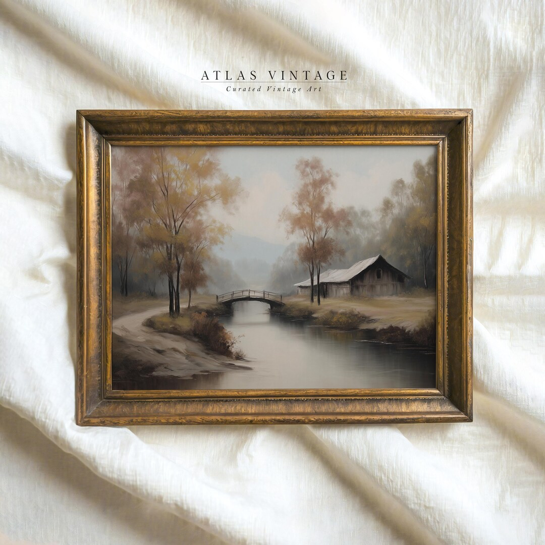 Vintage Rustic Cabin Fall Forest Print, Autumn River Landscape Printable Wall Art, Cozy Cottageco... | Etsy (US)