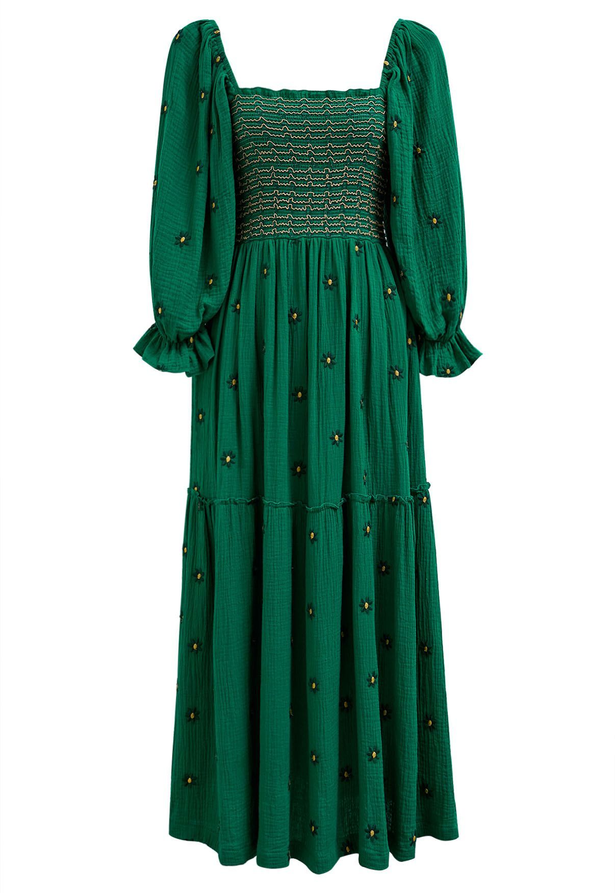 Floret Embroidery Square Neck Midi Dress in Green | Chicwish