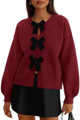 PRETTYGARDEN Cardigan Sweaters for Women Fall Fashion 2025 Bow Tie Front Long Sleeve Knit Sweater... | Amazon (US)