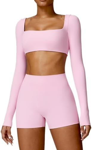 ABOCIW Workout Sets for Women 2 Piece Square Neck Long Sleeve Crop Tops High Waist Biker Shorts G... | Amazon (US)