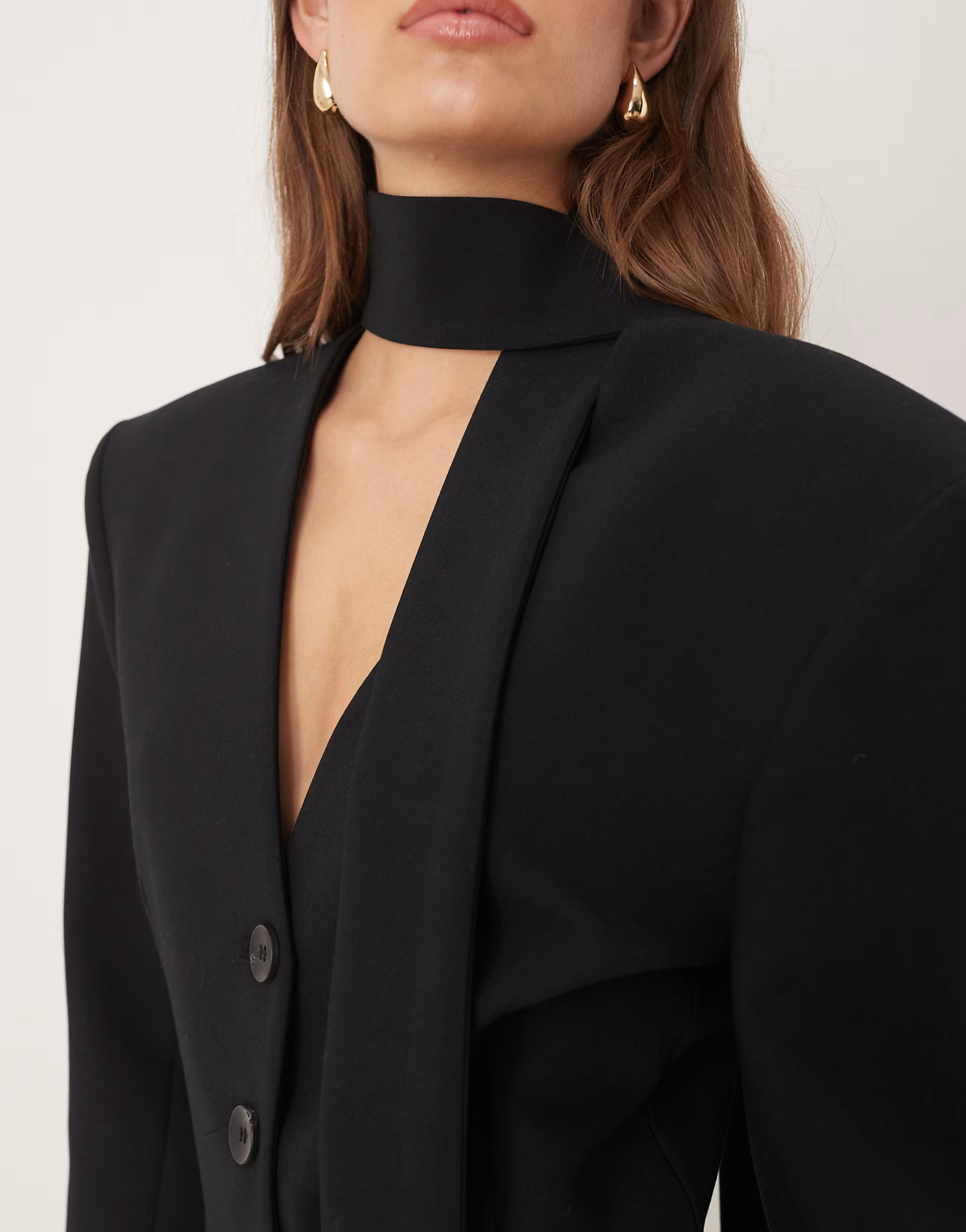 ASOS DESIGN cinch shoulder pad blazer with scarf co ord in black | ASOS (Global)